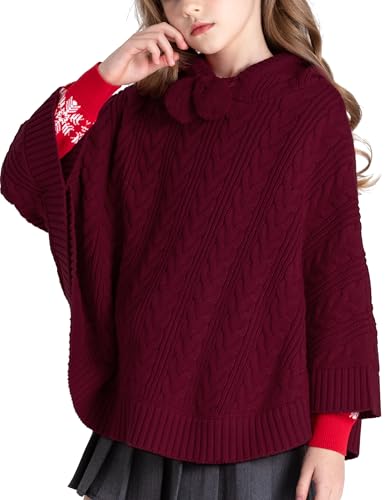Image of BOBOYOYO Cape for Girls Hooded Cable Knit Poncho Sweaters Kids Shawl
