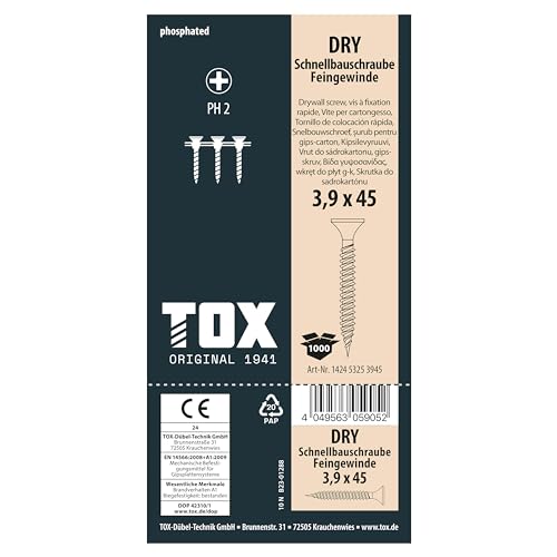 Image of TOX Drywall Screws 3.9 x 45 mm, Magazined for Quick Installation with Magazine Screwdriver, Fine Thread, Plasterboard on Metal Substructure, Pack of 1000 in Box, 142453253945