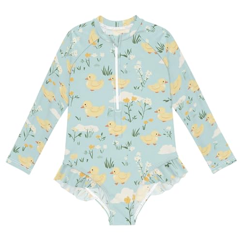 Yellow Duck Floral Girls Long Sleeve Swimsuit Rash Guard One Piece Bathing Suits Zipper 3-12T