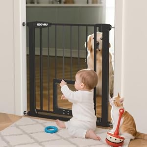 30 Inch Tall Dog Gate with Cat Door, Adjustable Width (29.7-45.2 Inches) for Doorways, Hallways & Stairs, Pressure-Mounted Walk-Through Dog Gate with Auto-Close & Double Lock Safety（Black）