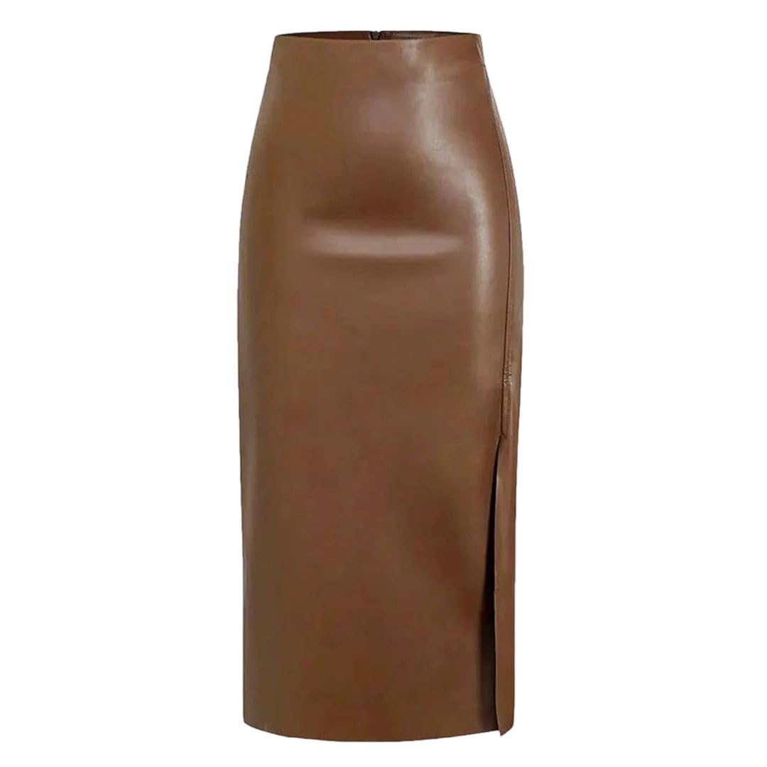 Women Pu Leather Pencil Skirt High Waist Long Skirt with Side Split Zipper