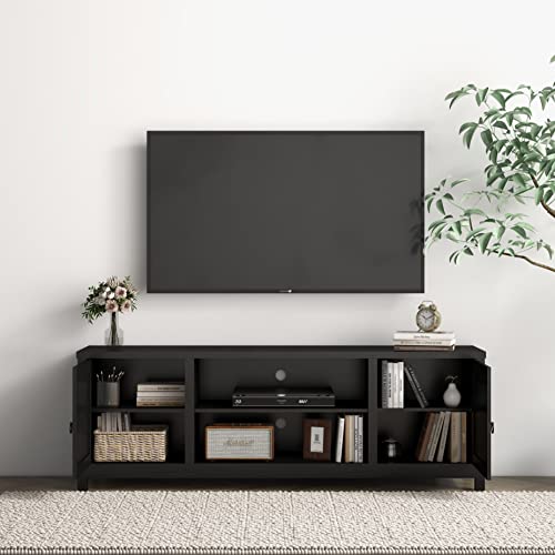 Panana Mid Century Modern Tv Stand For 75 Inch Tv, Entertainment Center With Storage And Open Shelves, Wood Tv Stands Tv Table Stand For Living Room, Bedroom (Black, For 32"-75" Tv) #TOP6