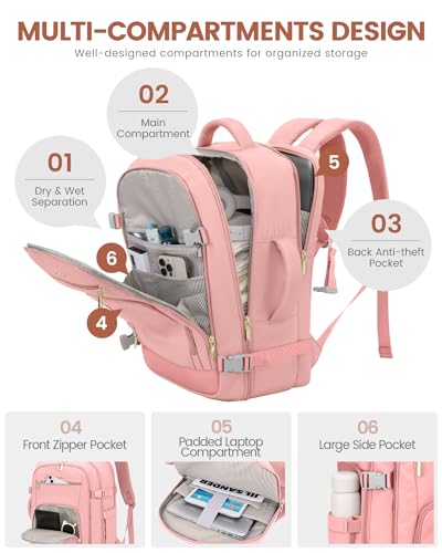 Image of LOVEVOOK Travel Backpack For Women, 40L Carry On Backpack Flight Approved, TSA Personal Item Backpack Fits 17 Inch Laptop, Business Weekender Overnight Waterproof Daypack With 2 Packing Cubes, Pink