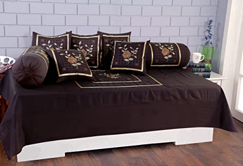 Rj Products Cotton Luxury Embroidery Diwan Set Pillow Cover (Coffee, Standard) -Set of 8 Piece, 120 TC