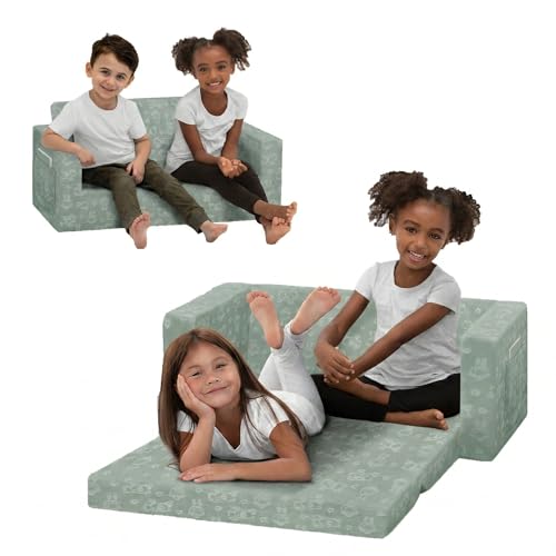 Delta Children - Serta Perfect Sleeper Kids 2-Seater Sofa, Convertible 2-in-1 Flip Open Toddler Couch Sleeper, Foam Chair for Playroom & Bedroom, Bed Lounger, Comfy Play Sleeping Lounge Chair, Sage