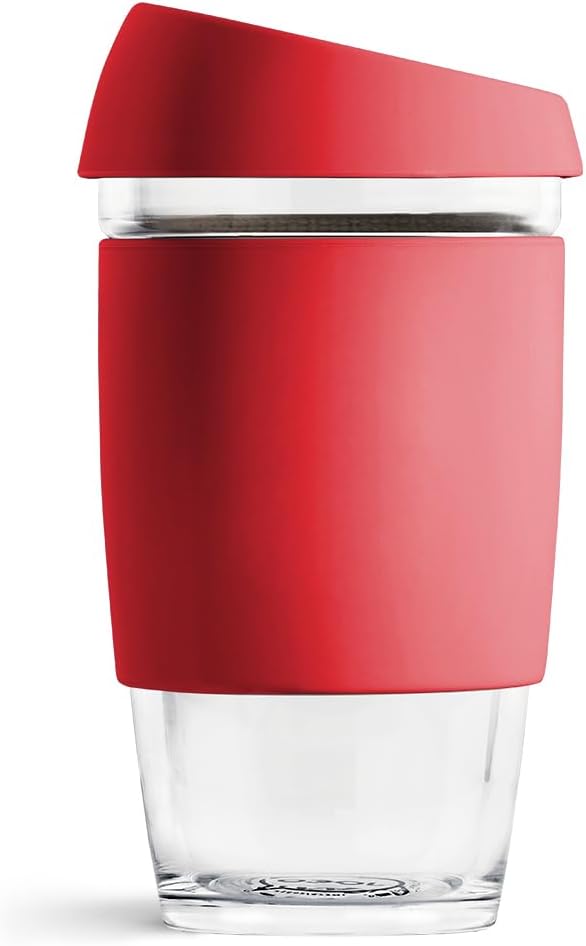 JOCO 16oz Travel Friendly Eco-innovative Borosilicate Reusable Classic Glass Coffee Cups, Microwave Safe Travel Coffee Cup, 100% Plastic Free Thermal Shock Resistant Glass Mug (Red Scarlet)