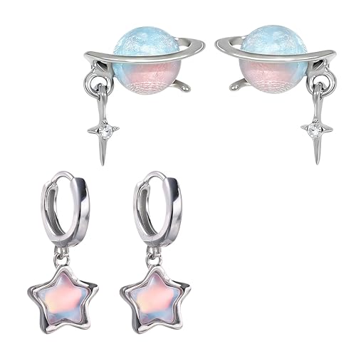 Cute Opal Planet & Pink Star Earring Set