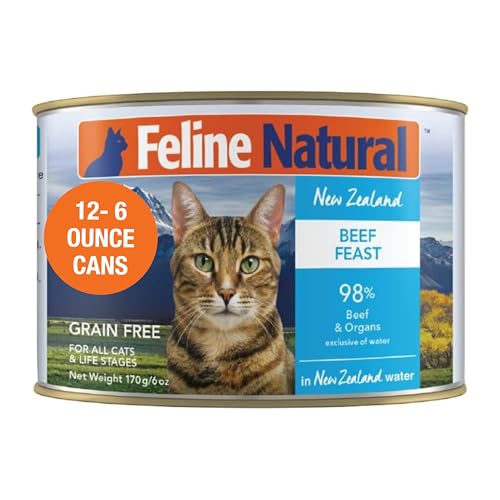 Feline Natural New Zealand Canned Catfood Wet Food, High-Meat, Low-Carb, & Grain Free Cat Food Wet, Beef Feast, 6 oz, Pack of 12