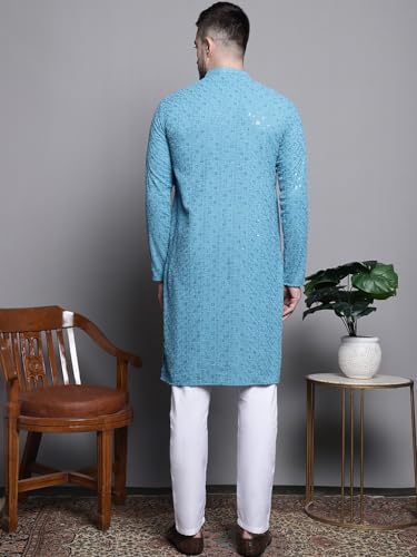 Image of Jompers Men's Geometric Sequin Embroidered Pure Cotton Kurta with Pyjamas Set