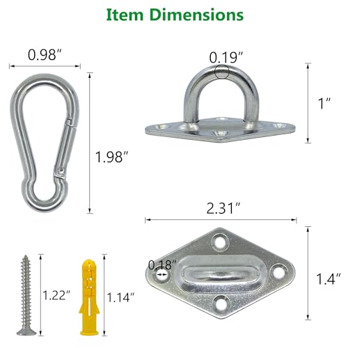 TERMATH 8 Pcs 304 Stainless Steel 2.31 Inches Pad Eye Hooks and 8 Pcs 304 Stainless Steel Snap Hooks,Screw Ceiling Hooks,Outdoors String Lights Hangers,Shade Sail Hardware with Screws Anchors - Image 2