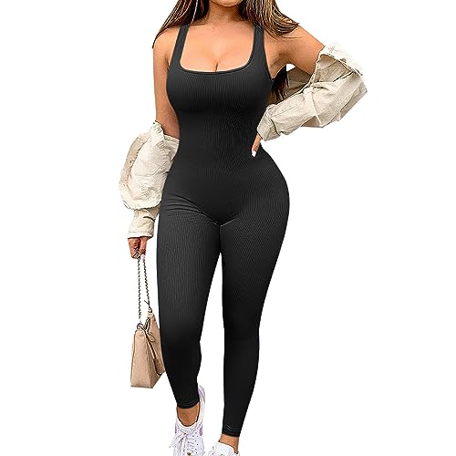 Jetjoy Women Ribbed Jumpsuit Yoga Bodycon Square Neck Sleeveless Sports Romper All In One Jumpsuit Stretchy Overall Workout Ladies Outfit Playsuit