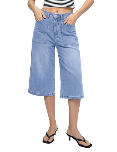 luvamia Capri Womens Wide Leg Jeans Trendy Casual Summer Stretchy Capri Pants for Women Plus Size High Waisted Denim Culottes with Pocket Seaside Blue XX-Large US Size 20-22