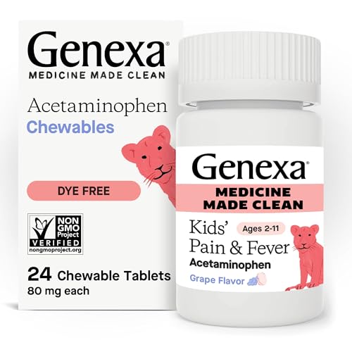 Image of Genexa Kids’ Clean Pain & Fever Acetaminophen Chewables, Dye Free, 0% Artificial Additives, Delicious Grape Flavor, Chewable Medicine for Children 2-11, 80 mg per Tablet, 24ct