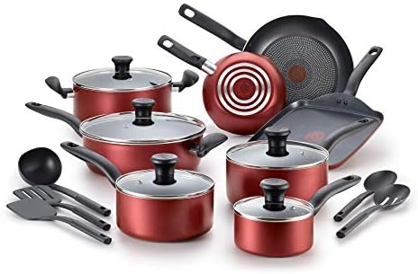 T-fal, Dishwasher Safe Cookware Set, 18 Piece, Red Initiatives Nonstick Inside