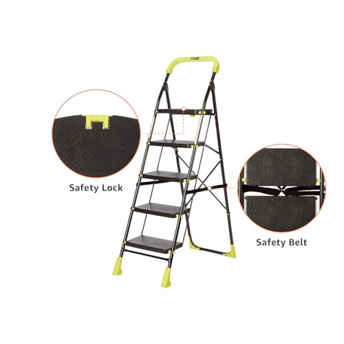 Image of Amazon Basics Dynamo - Foldable Step Ladder, Safety Clutch Lock, Anti Slip Steps, Knee Guard, Anti Skid PVC Shoes, 5 Steps (Steel, Black & Lime Green)