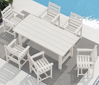 SERWALL 7-Piece Patio Dining Table Sets, Outdoor HDPE Dining Furniture Set with Umbrella Hole Cut-Out Table and 6 Chairs, White