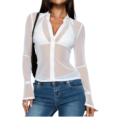 Women’s Sheer Button Up Shirt Y2K Long Sleeve Lapel V Neck Mesh Top Vintage See Through Basic Blouse Streetwear (White, L)
