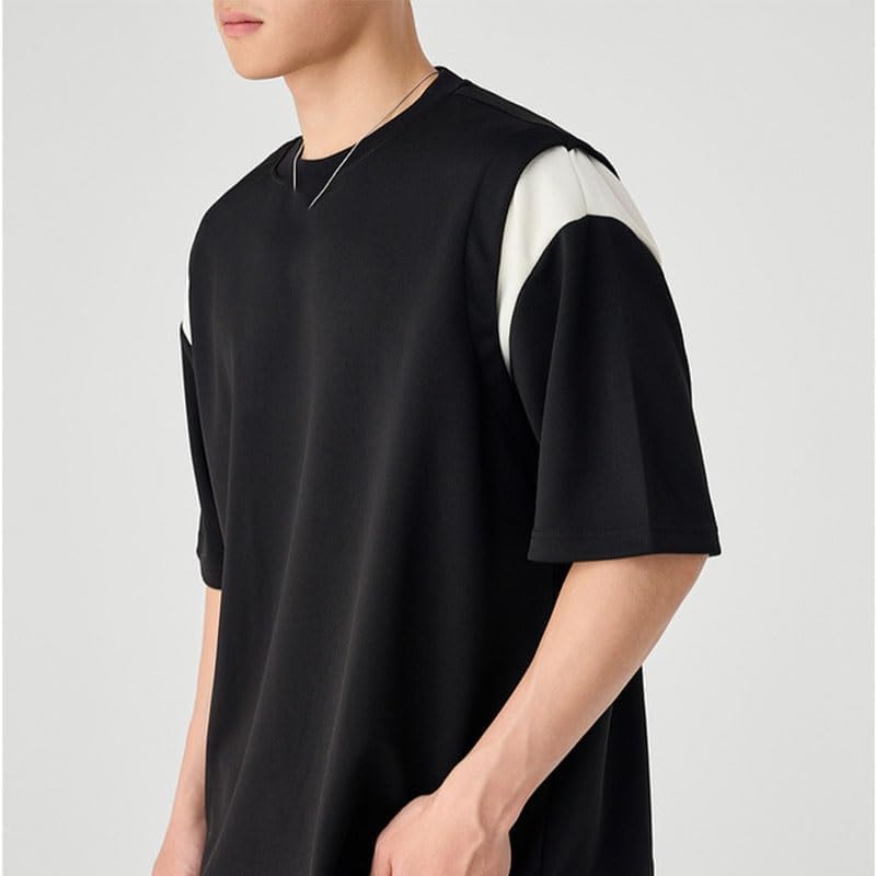 Men's Fashion Splicing T-Shirt Loose Polyester Round Neck Short Sleeves Breathable Sports Comfortable Vest