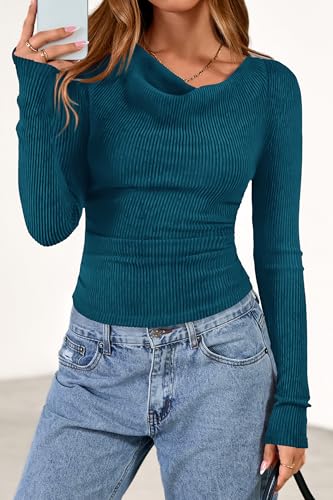 PRETTYGARDEN Women's Long Sleeve Cowl Neck Ribbed Knit Spring Shirts Slim Fit Ruched Going Out Crop Tops Basic T-Shirts(Peacock Blue,XX-Large) — view 3