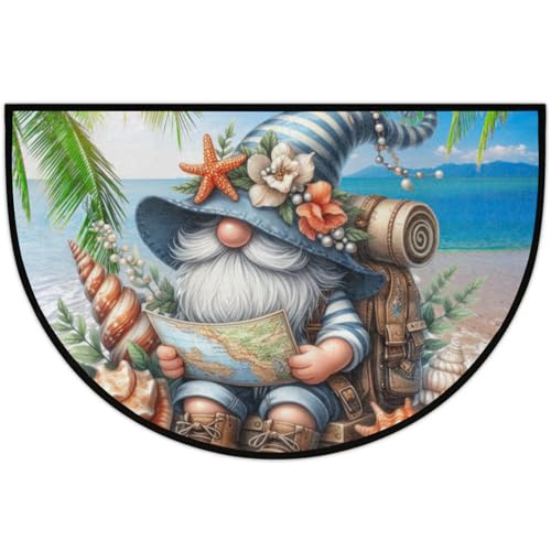 Image of Half Round Door Mat Palm Trees Gnome Non Slip Half Moon Rug Indoor Entrance Washable Half Circle Area Rugs Semi Circle Bathroom Rugs Floor Carpet for Kithen Bedroom Fireplace Decor