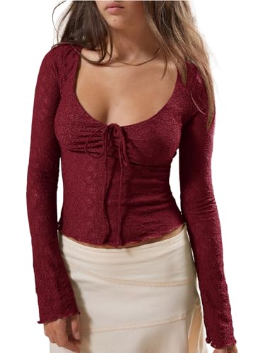 Imily Bela Womens Long Sleeve Scoop Neck Tops Going Out Crop Tops Sexy Slim Fit Blouses Lace Shirts