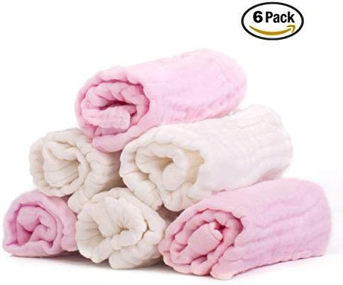 Blue Ivy Baby Muslin Washcloths - Set of 6 | Premium 100% Soft Natural Muslin Cotton for Sensitive Skin | Eco-Friendly Reusable Baby Wipes | Baby Shower Gift | Hypoallergenic Pink & White Face Towel
