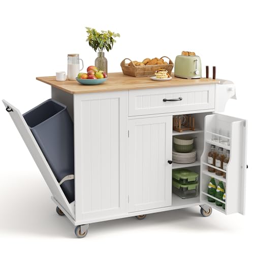 Ahomly Kitchen Island with Storage, 44.49″ Kitchen Island with Trash Can Storage, Drop Leaf Rubberwood Top, Knife Holder, Adjustable Shelf, Towel Bar, Drawer, Spice Rack, White