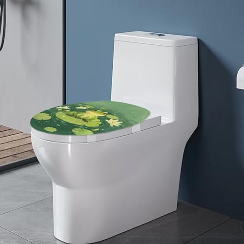 Luarisgur Green Toilet Lid Covers for Bathroom Round Cute Frog Toilet Seat Lid Cover Elongated Size Machine Washable Toilet Protector Cover Fits Most Toilet Lids