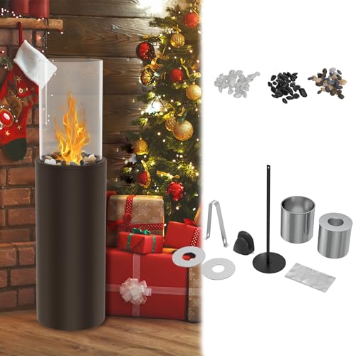 MAYTIIMO Chimenea de pie con bioetanol, autonomía de hasta 2,5 horas, cristal de seguridad resistente al calor, piedras decorativas y accesorios de extinción incluidos, para interior y exterior