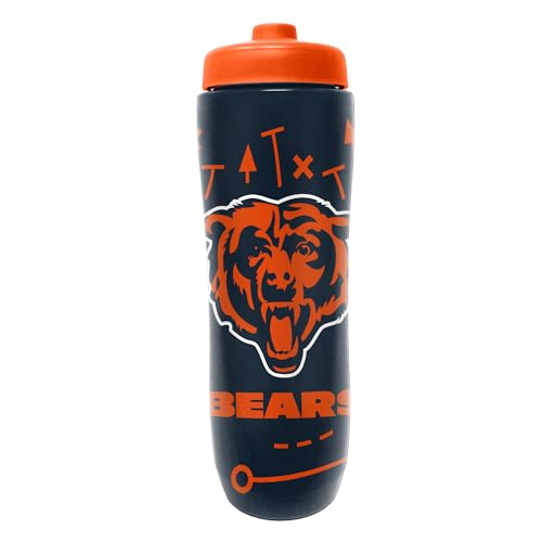 Image of Party Animal NFL Football Squeeze Bottle, 32 oz, Chicago Bears | Slim, lightweight BPA-free sports water bottle with quick-flow squeeze; fits backpacks & cup holders for kids or adults
