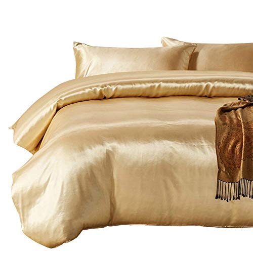 Cotton Home Depot Silk Like Satin 9 Pc Comforter Set(Comforter + Duvet Cover + Flat Sheet + Fitted Sheet 16" Deep Pocket + Bedskirt + 4 Pillow Cases) Bedding Set Gold,Queen #TOP3