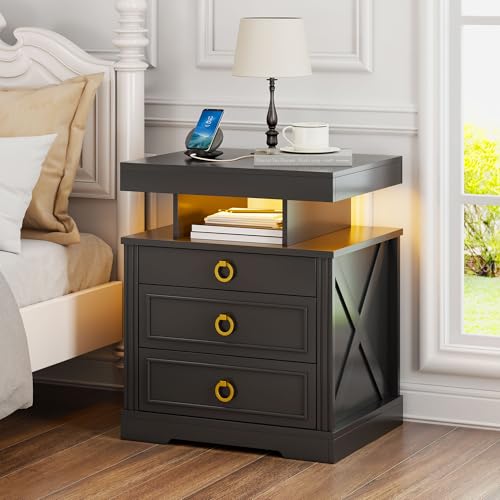 Gurexl LED Bedside Table with Gun Drawer, Charging Bedside Table with USB & Type-C Port, Human Sensor Light, Open Compartment and 2 Drawers Rustic Wood Sofa Side End Table(Black)