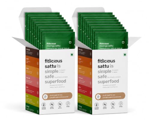 Image of fitlicious Moringa Sattu Powder | Bihari Chana Sattu | Natural & Organic | Gluten-Free, Non-GMO | High Protein & Fiber | Instant PremiX | Healthy Drink For All Ages | Pack Of 20 X 40g Sachets