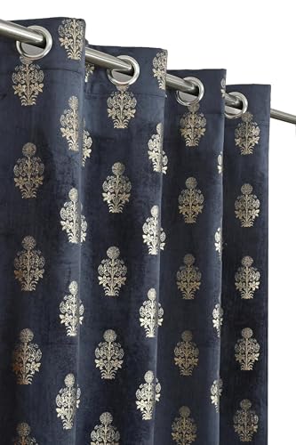 Image of Premium Velvet Window Curtains 5 Feet, Golden Foil Matka Design Room Darkening Curtains for Window, Thermal Insulated Parda - 4 feet x 5 feet (48 x 60 Inch) - 1 Pcs Navy Colour