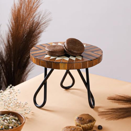 Image of CASA Decor Tribal Souk Wood & Metal Pizza Pastry Cake Stand Pack of 1 (Brown, Diameter-8 Inch)
