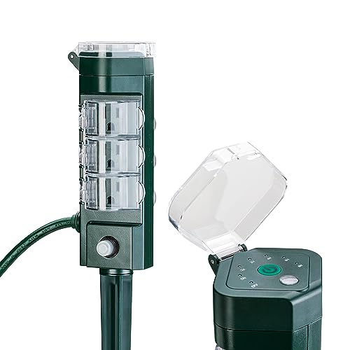 HBN Outdoor Power Strip Timer with Photocell, Countdown Yard Stake(2, 4, 6, 8 Hour),Outside Lights Timer Dusk to Dawn,Weatherproof Extension Cord for Halloween/Christmas Decoration Lights, 6 Outlets