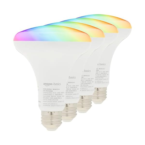 Amazon Basics Smart BR30 LED Light Bulb, Color Changing, 60W Equivalent, 800LM, Works with Alexa Only, 2.4 GHz Wi-Fi, No Hub Required, 4-Pack
