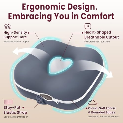 DownyCloud Memory Foam Knee Pillow for Side Sleepers, Supportive Leg Pillow with Heart Cutout Design and Adjustable Strap, Contoured Between Knees Pillow for Side Sleeping, Alignment Support, Gray — view 5