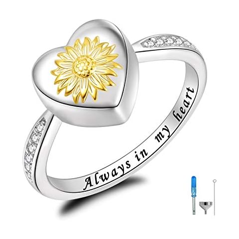 Fookduoduo Sterling Silver Sunflower Urn Ring Creamation Jewelry for Ashes Always in My Heart Urn Finger Rings for Women for Remembrance Keepsake Gift for Loss of Loved Furry Friend (9) Cover