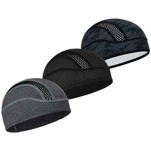 MELASA 3 Pack Cooling Skull Cap, Sweat Motorcycle Helmet Liner Head Cover, Mesh Cycling Running Hat for Men Women