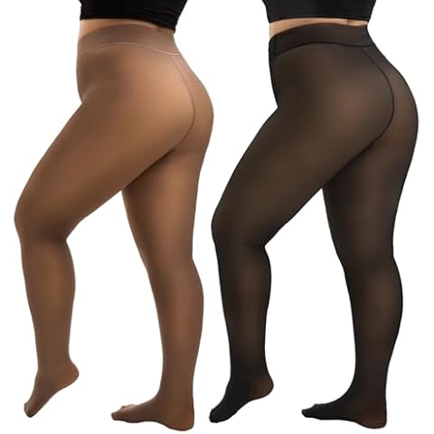 HONGTEYA 2 Pairs Plus Size Fleece Lined Tights Women, Fake Translucent Thermal Tights Pantyhose Sheer Leggings Cover