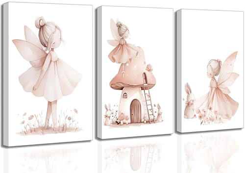Image of UNDDISINS 3 Pcs Pink Fairy Nursery Canvas Wall Art Girs Room Pink Nursery Painting Picture Wall Decor Cute Fairy Posters Art Fairies Paintings Artwork for Kids Room Toddler GirlRoom Home Decoration