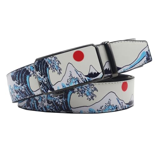 Ceinture à cliquet en cuir homme sangle réglable imprimé vagues style décontracté