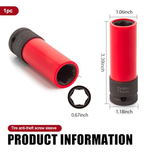 Image of Wheel Nut Socket, Wheel Lock Nut Removal Socket Wrench, 0.66 inch /17mm 1 /2 inch Drive Effort-Saving Removal Tool, Compatible with Mercedes-Benz S /C /A /B Class MLGLk (Red & Black)