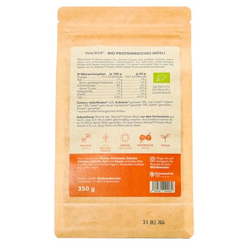 Bio Protein Müsli Wacker, 350 g. Hohe Bioverfügbarkeit. Ohne Industriezucker. Vegan. Hoher Ballaststoffgehalt.