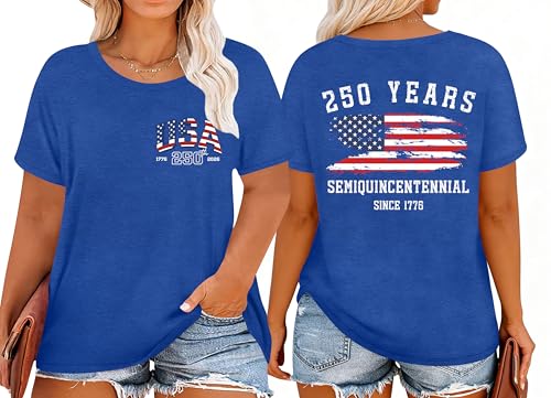 Image of Ithalt Patriotic Plus Size Shirts for Women 250th Anniversary USA Shirts American Flag Tshirt USA Short Sleeve Tops