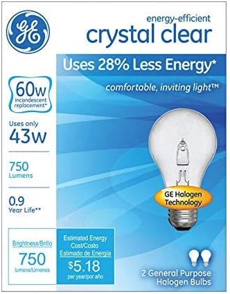 Halogen Light Bulbs, A19, Clear, 43-Watts, 2-Pk.