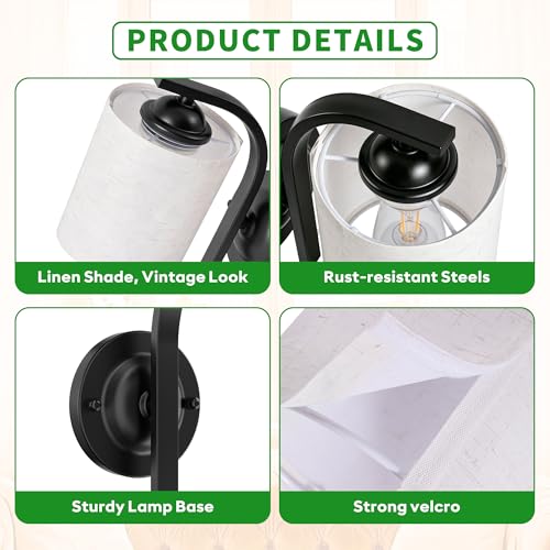 Image of 2-Pack Wall Sconces for Bedroom and Bathroom, Matte Black Farmhouse Wall Light Fixtures with Fabric Shade, Modern Vanity Wall Lamps for Living Room, Hallway, Kitchen
