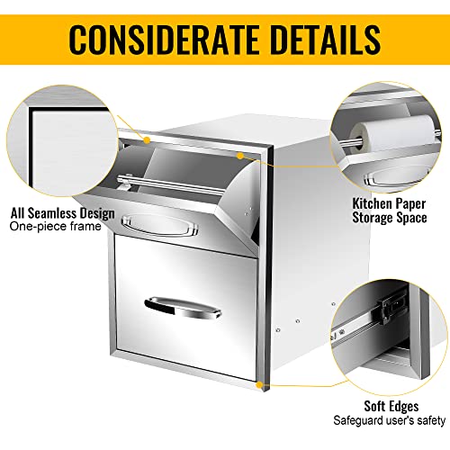 Image of 16''W x 20''H x 20''D Outdoor Kitchen Double Access Drawers with Paper Towel Holder Combo Stainless Steel, Flush Mount BBQ Island for Outdoor Kitchens or Patio Grill Station