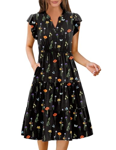 Image of ZEAGOO Womens Summer Casual Dresses Ruffle Sleeve V Neck Midi Dress Flowy Tiered Dress with Pockets Boho Sundresses